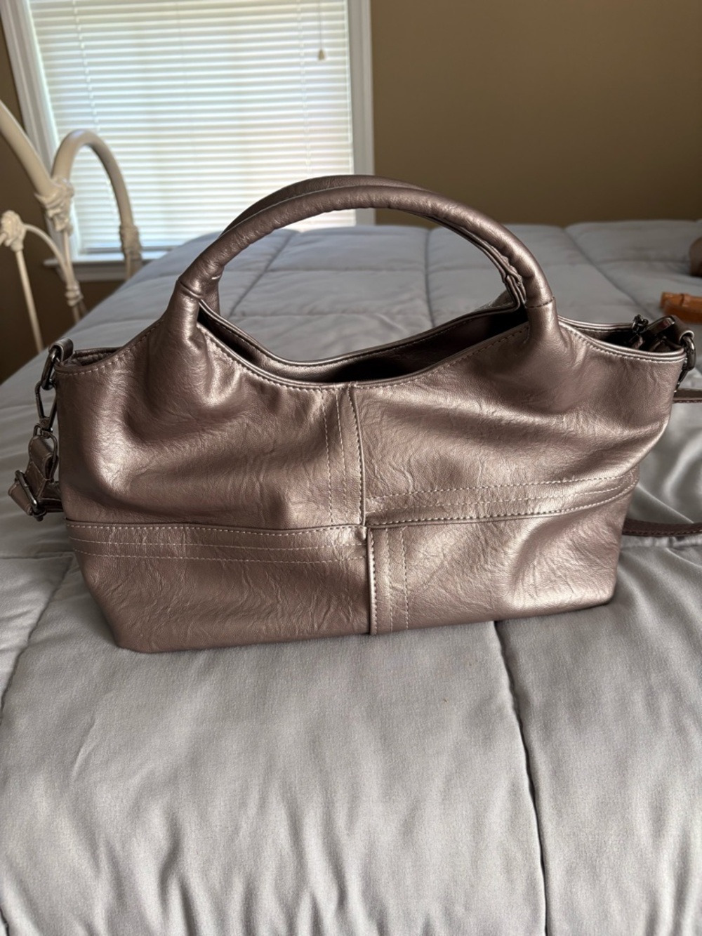 Women's Metallic Taupe Leather Top-Handle Bag